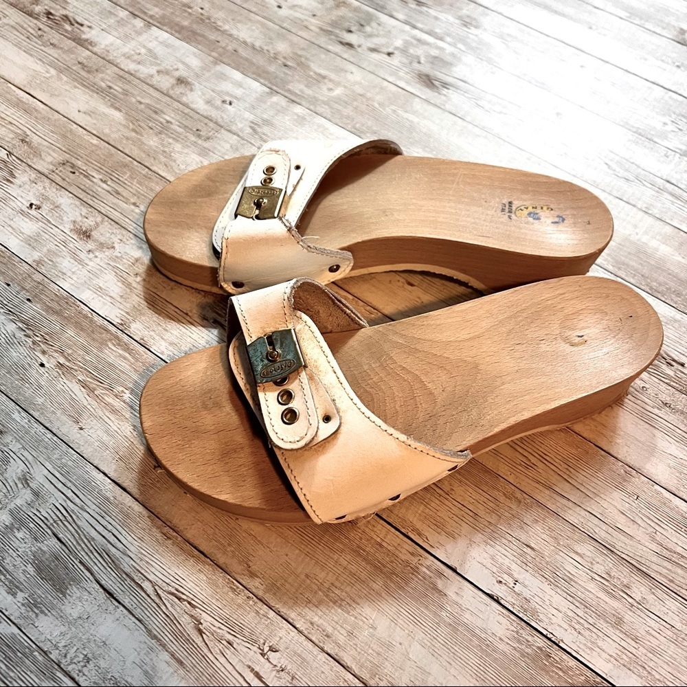 Dr. Scholl's White Leather Wooden Platform Slide Sandals